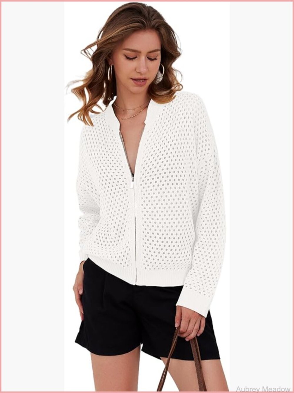 Zip Up Crochet Cardigan Sweater Oversized Long Sleeve Hollow Out Knit Bomber